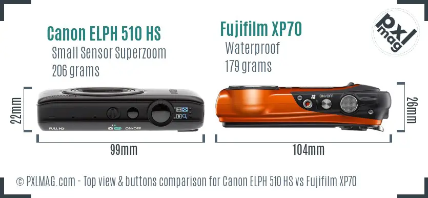 Canon ELPH 510 HS vs Fujifilm XP70 top view buttons comparison