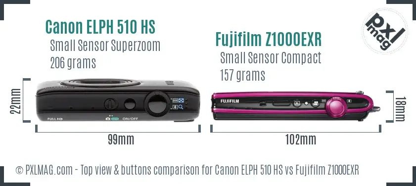 Canon ELPH 510 HS vs Fujifilm Z1000EXR top view buttons comparison Canon ELPH 510 HS vs Fujifilm Z1000EXR top view buttons comparison