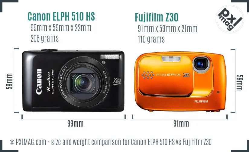 Canon ELPH 510 HS vs Fujifilm Z30 size comparison