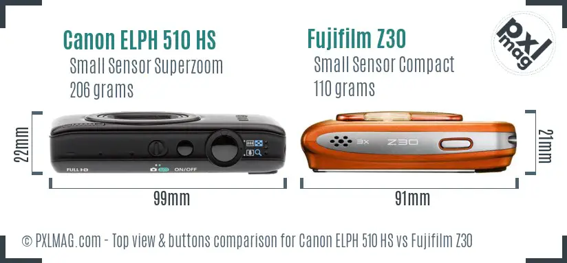 Canon ELPH 510 HS vs Fujifilm Z30 top view buttons comparison