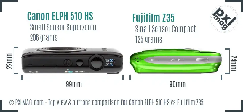 Canon ELPH 510 HS vs Fujifilm Z35 top view buttons comparison