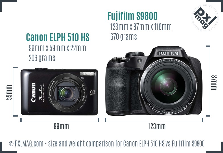 Canon ELPH 510 HS vs Fujifilm S9800 size comparison