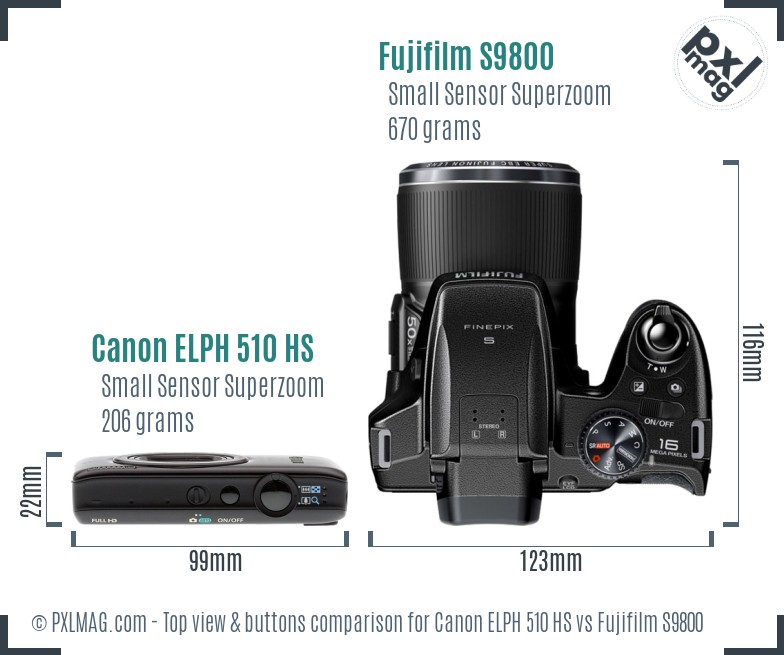 Canon ELPH 510 HS vs Fujifilm S9800 top view buttons comparison