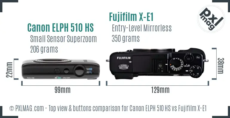 Canon ELPH 510 HS vs Fujifilm X-E1 top view buttons comparison