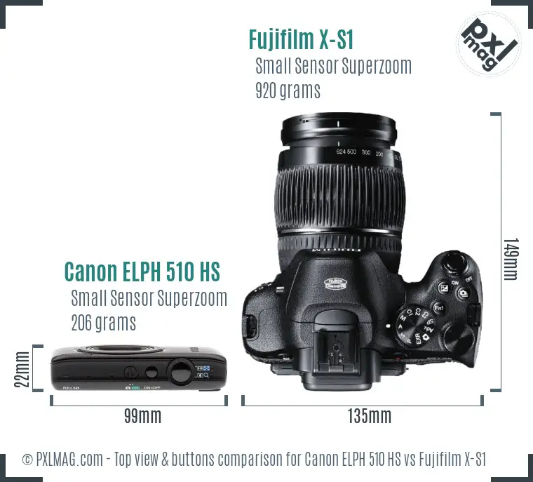 Canon ELPH 510 HS vs Fujifilm X-S1 top view buttons comparison Canon ELPH 510 HS vs Fujifilm X-S1 top view buttons comparison