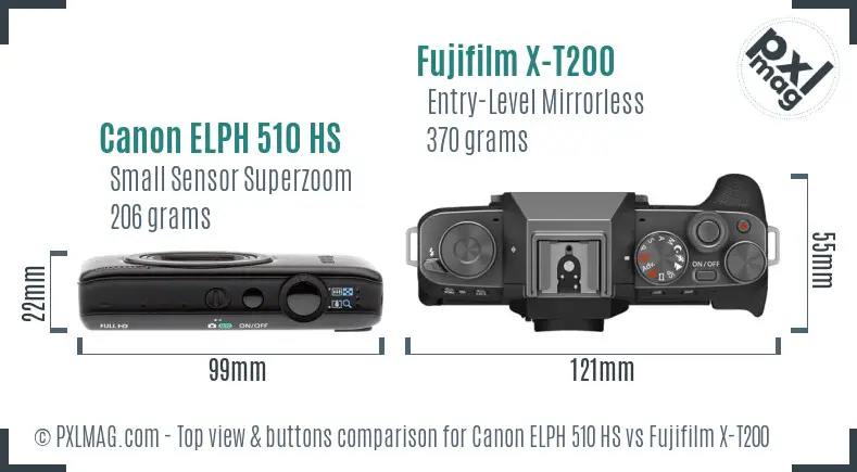 Canon ELPH 510 HS vs Fujifilm X-T200 top view buttons comparison