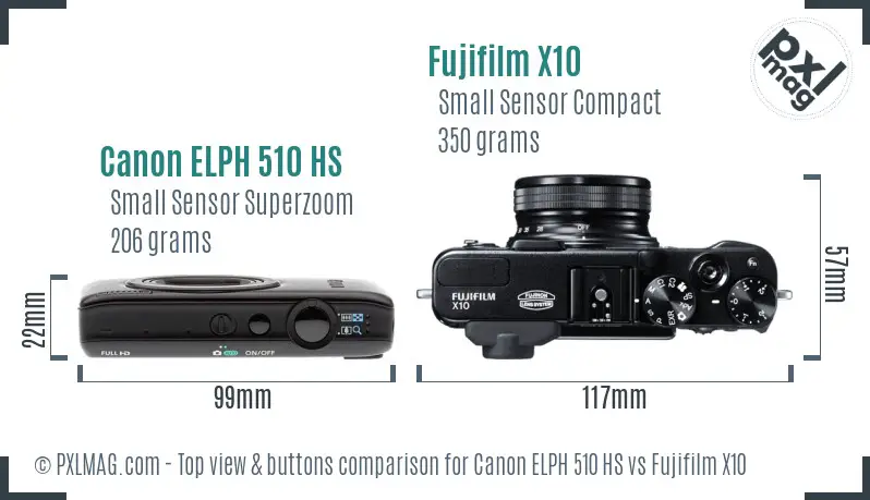 Canon ELPH 510 HS vs Fujifilm X10 top view buttons comparison