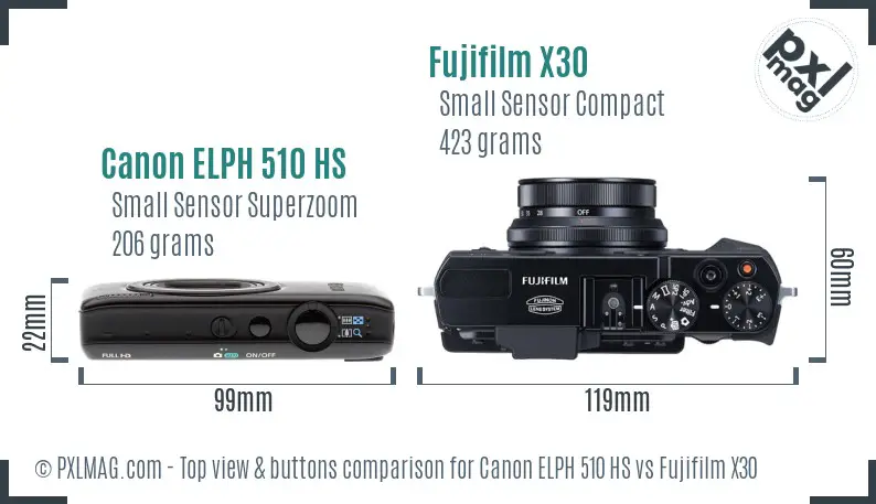 Canon ELPH 510 HS vs Fujifilm X30 top view buttons comparison
