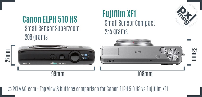 Canon ELPH 510 HS vs Fujifilm XF1 top view buttons comparison