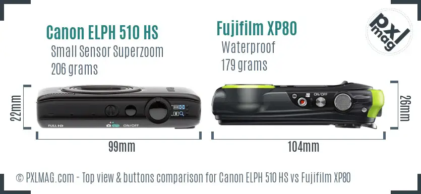 Canon ELPH 510 HS vs Fujifilm XP80 top view buttons comparison