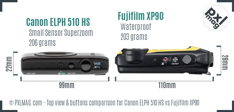 Canon ELPH 510 HS vs Fujifilm XP90 top view buttons comparison Canon ELPH 510 HS vs Fujifilm XP90 top view buttons comparison