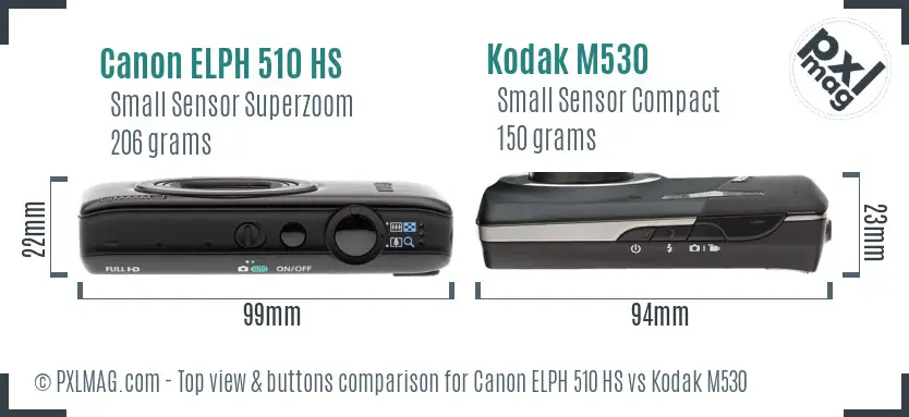 Canon ELPH 510 HS vs Kodak M530 top view buttons comparison Canon ELPH 510 HS vs Kodak M530 top view buttons comparison