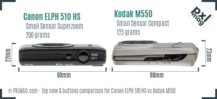 Canon ELPH 510 HS vs Kodak M550 top view buttons comparison