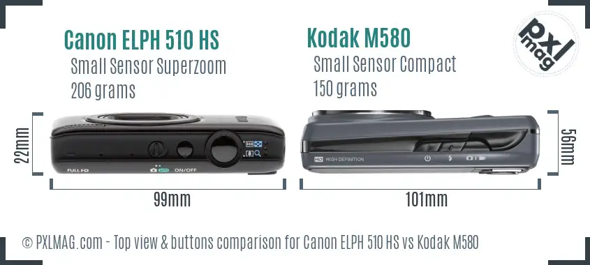 Canon ELPH 510 HS vs Kodak M580 top view buttons comparison Canon ELPH 510 HS vs Kodak M580 top view buttons comparison