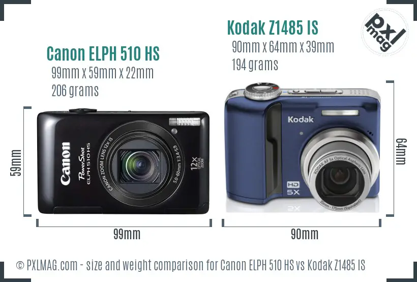 Canon ELPH 510 HS vs Kodak Z1485 IS size comparison
