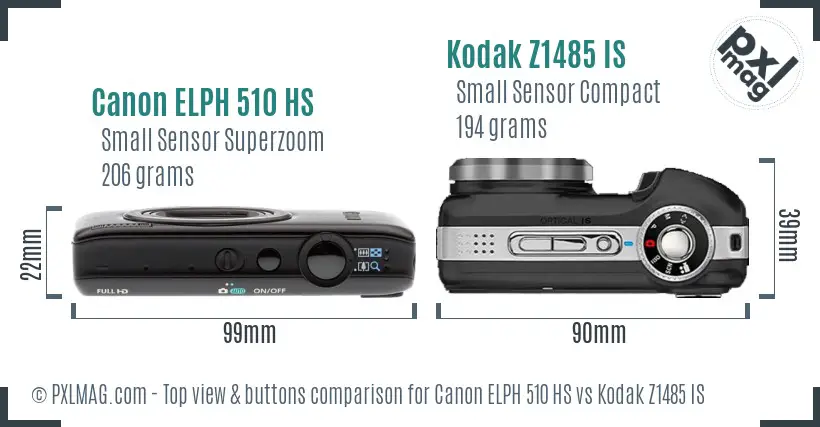 Canon ELPH 510 HS vs Kodak Z1485 IS top view buttons comparison