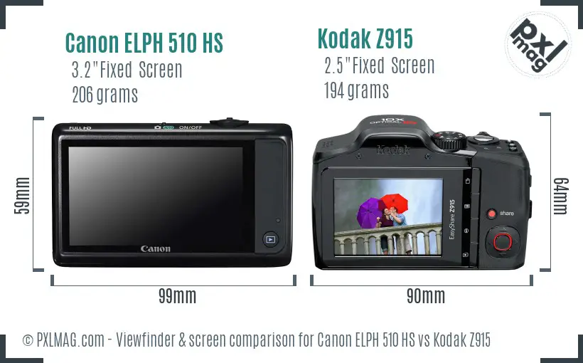 Canon ELPH 510 HS vs Kodak Z915 Screen and Viewfinder comparison