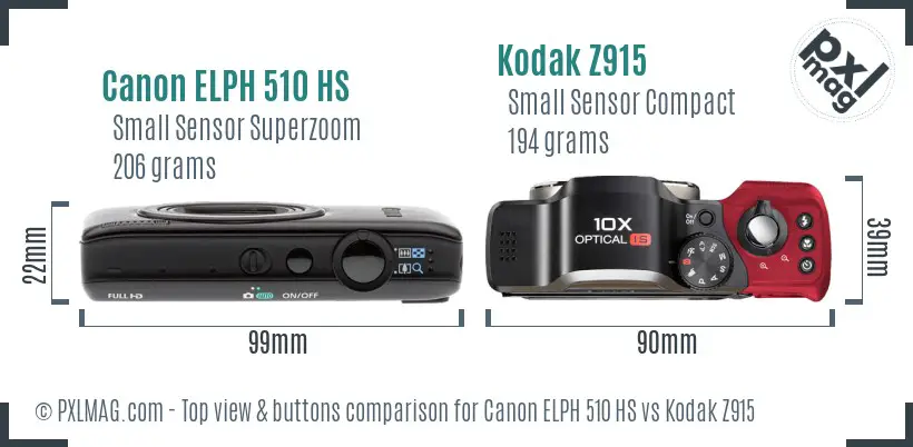 Canon ELPH 510 HS vs Kodak Z915 top view buttons comparison