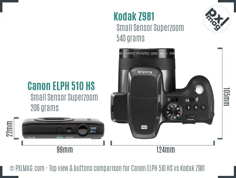 Canon ELPH 510 HS vs Kodak Z981 top view buttons comparison Canon ELPH 510 HS vs Kodak Z981 top view buttons comparison