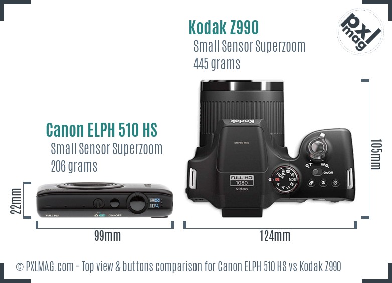 Canon ELPH 510 HS vs Kodak Z990 top view buttons comparison