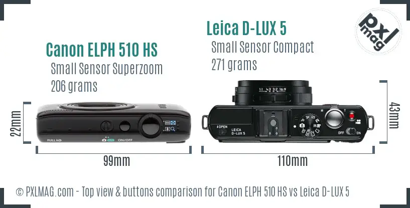 Canon ELPH 510 HS vs Leica D-LUX 5 top view buttons comparison