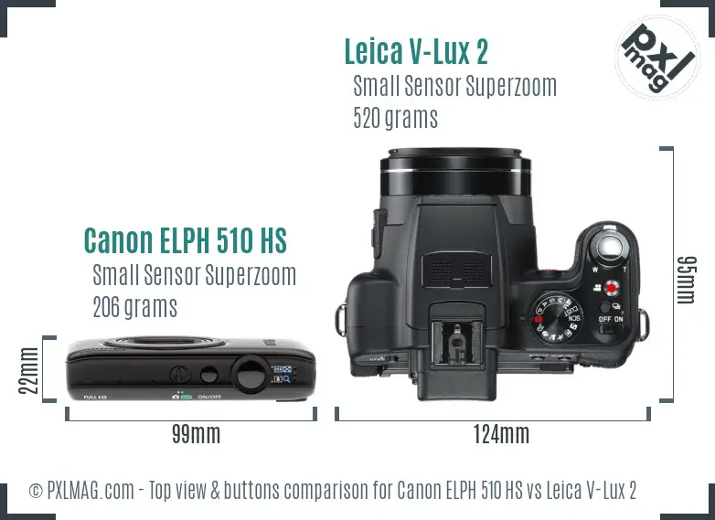 Canon ELPH 510 HS vs Leica V-Lux 2 top view buttons comparison