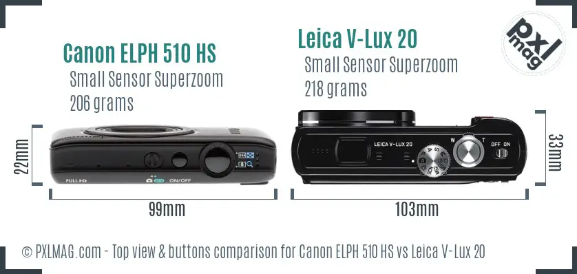 Canon ELPH 510 HS vs Leica V-Lux 20 top view buttons comparison