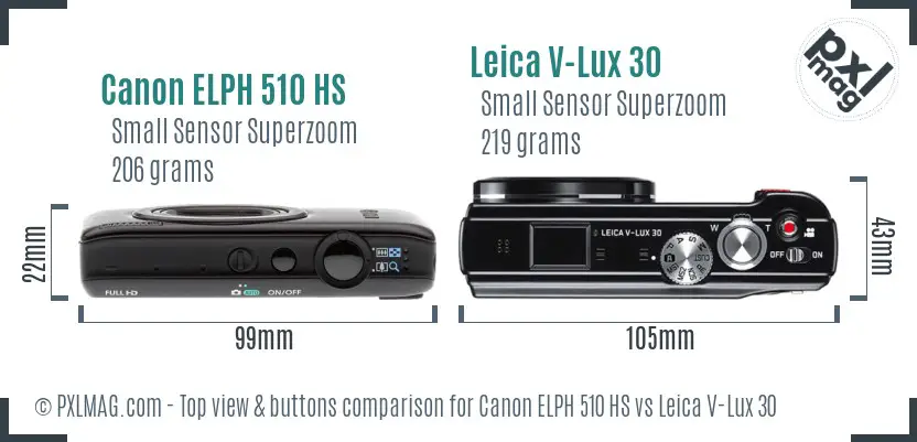 Canon ELPH 510 HS vs Leica V-Lux 30 top view buttons comparison