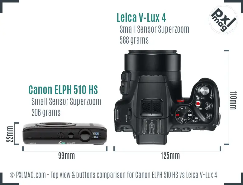 Canon ELPH 510 HS vs Leica V-Lux 4 top view buttons comparison