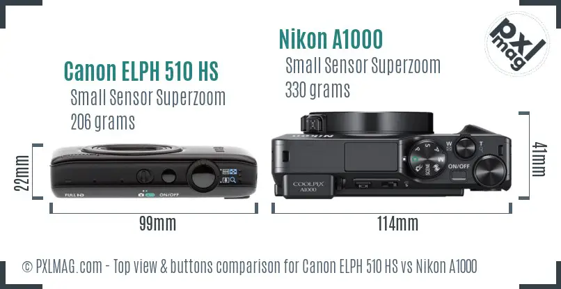 Canon ELPH 510 HS vs Nikon A1000 top view buttons comparison