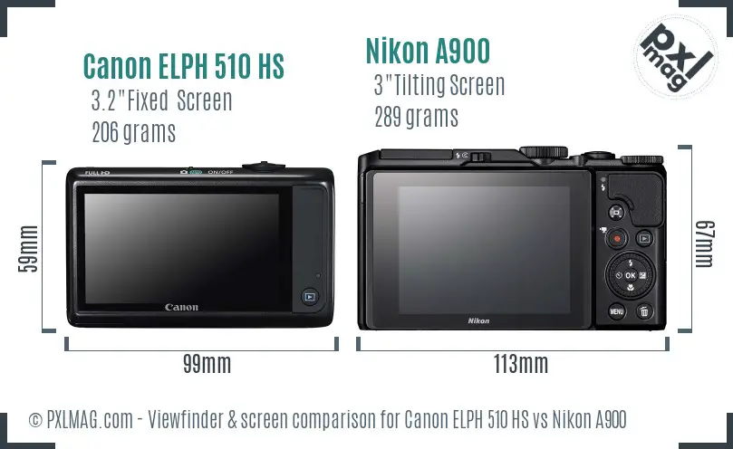 Canon ELPH 510 HS vs Nikon A900 Screen and Viewfinder comparison