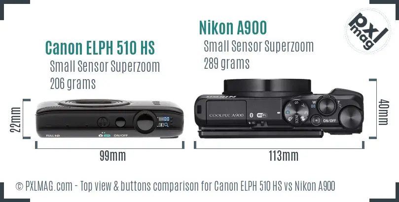 Canon ELPH 510 HS vs Nikon A900 top view buttons comparison