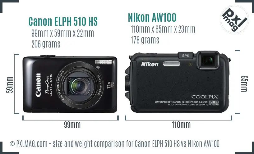 Canon ELPH 510 HS vs Nikon AW100 size comparison