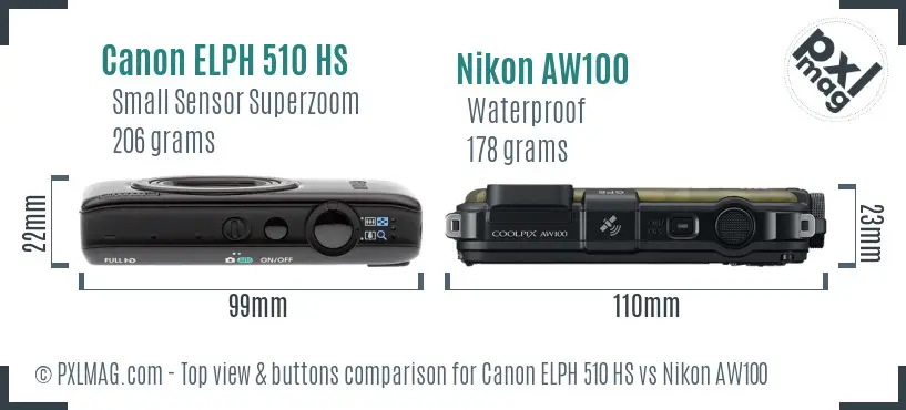 Canon ELPH 510 HS vs Nikon AW100 top view buttons comparison