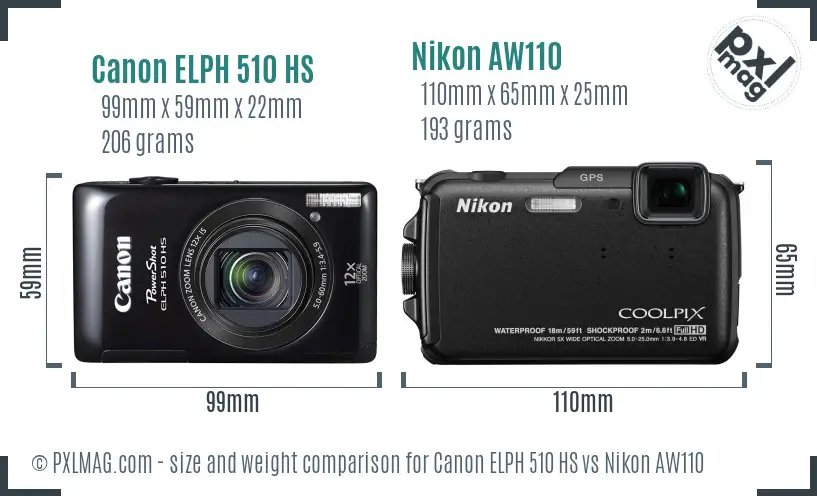 Canon ELPH 510 HS vs Nikon AW110 size comparison