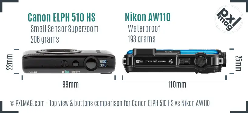 Canon ELPH 510 HS vs Nikon AW110 top view buttons comparison