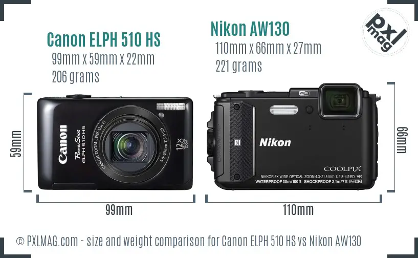 Canon ELPH 510 HS vs Nikon AW130 size comparison
