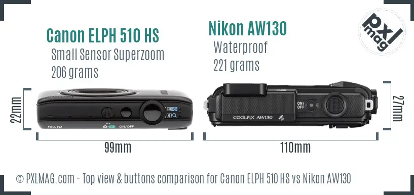 Canon ELPH 510 HS vs Nikon AW130 top view buttons comparison