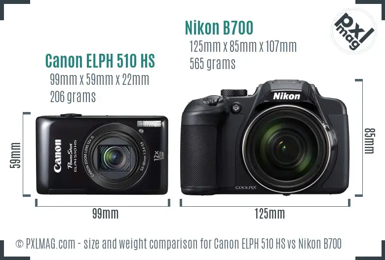 Canon ELPH 510 HS vs Nikon B700 size comparison