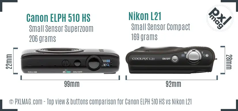 Canon ELPH 510 HS vs Nikon L21 top view buttons comparison Canon ELPH 510 HS vs Nikon L21 top view buttons comparison