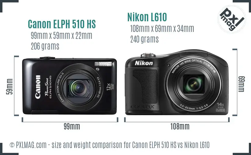 Canon ELPH 510 HS vs Nikon L610 size comparison