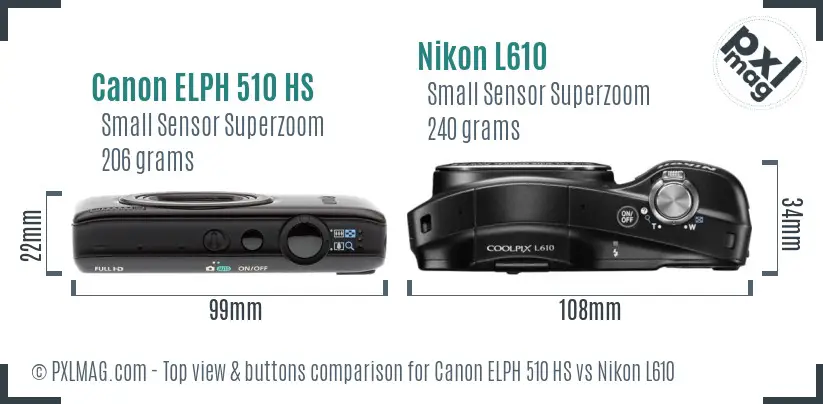 Canon ELPH 510 HS vs Nikon L610 top view buttons comparison