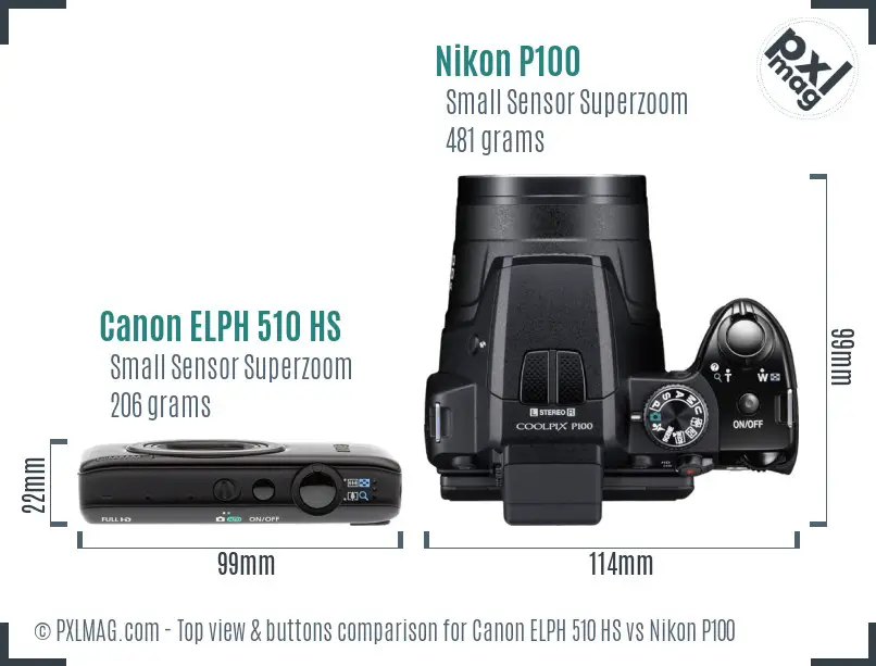 Canon ELPH 510 HS vs Nikon P100 top view buttons comparison Canon ELPH 510 HS vs Nikon P100 top view buttons comparison