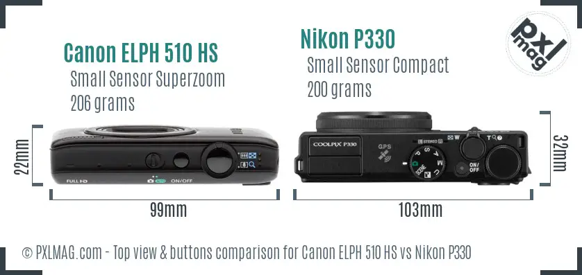 Canon ELPH 510 HS vs Nikon P330 top view buttons comparison Canon ELPH 510 HS vs Nikon P330 top view buttons comparison