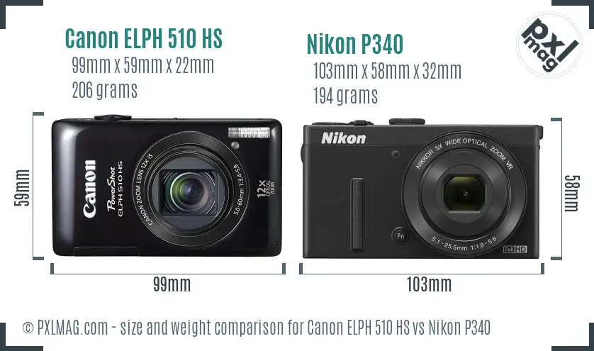 Canon ELPH 510 HS vs Nikon P340 size comparison Canon ELPH 510 HS vs Nikon P340 size comparison
