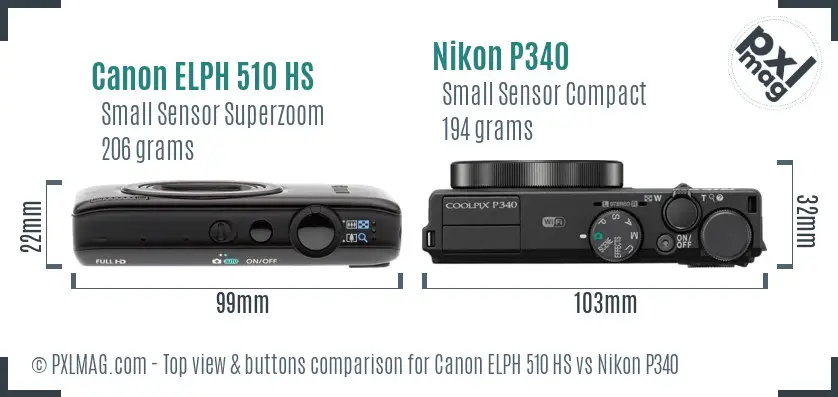 Canon ELPH 510 HS vs Nikon P340 top view buttons comparison