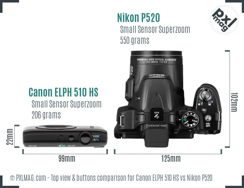 Canon ELPH 510 HS vs Nikon P520 top view buttons comparison Canon ELPH 510 HS vs Nikon P520 top view buttons comparison