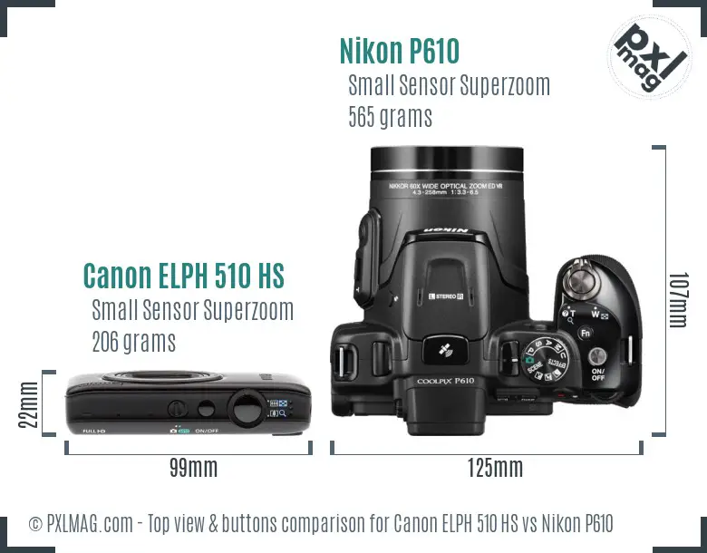 Canon ELPH 510 HS vs Nikon P610 top view buttons comparison Canon ELPH 510 HS vs Nikon P610 top view buttons comparison
