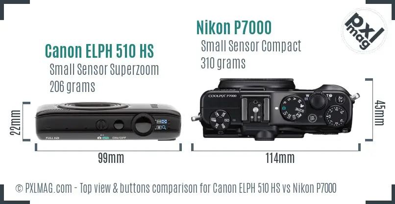 Canon ELPH 510 HS vs Nikon P7000 top view buttons comparison