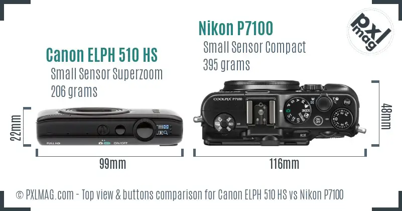 Canon ELPH 510 HS vs Nikon P7100 top view buttons comparison